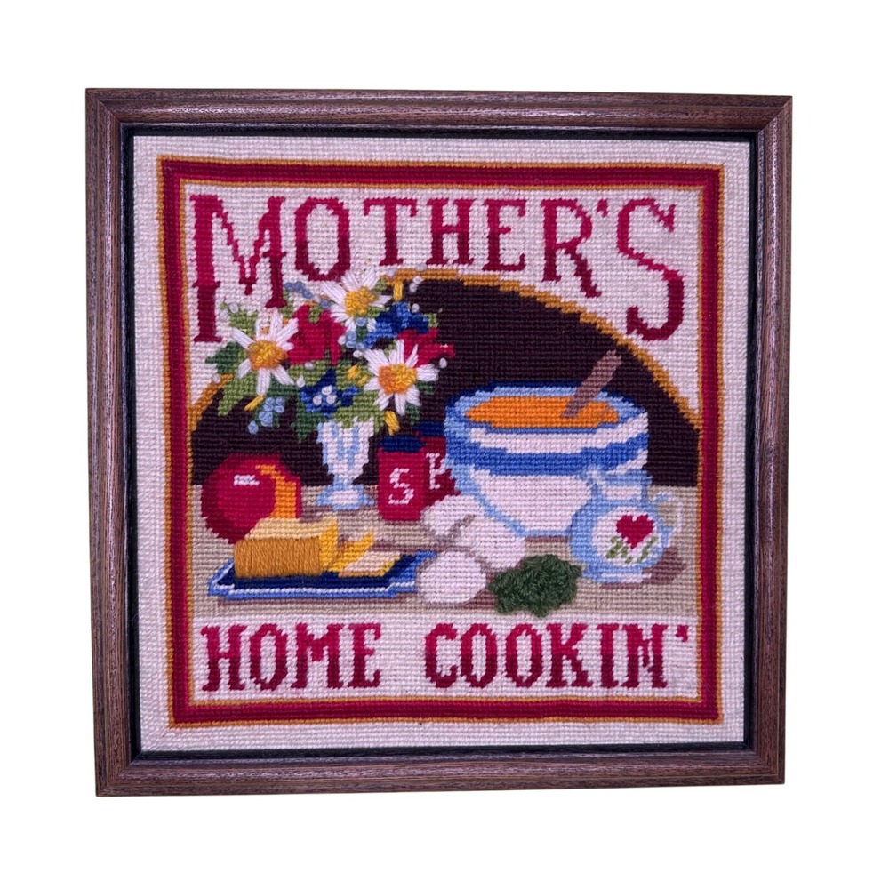 Vintage Mothers Home Cookin Framed Needlepoint Wall Art Kitchen Decor  Cottage
